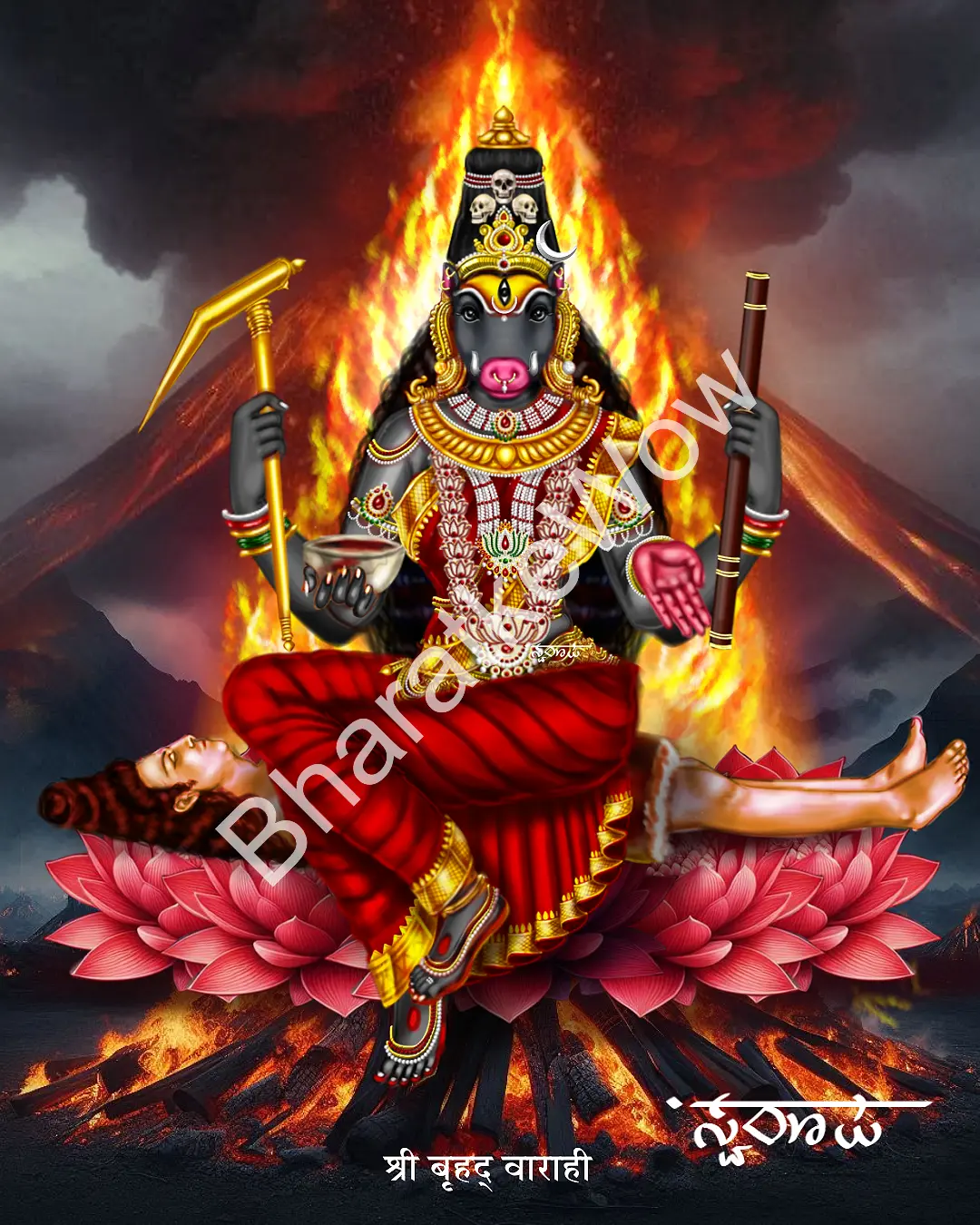 Bṛhad Vārāhī – Canvas Art Print by Swaroop Bṛhad Vārāhī canvas painting by Swaroop – Vārāhī seated on a corpse in a red lotus, in ārbhaṭika posture