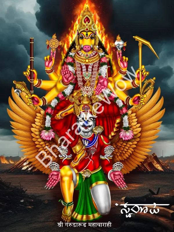 Garuḍārūḍha Vārāhī canvas painting by Swaroop – The eight-armed Vārāhī riding Garuḍa, glowing like molten gold