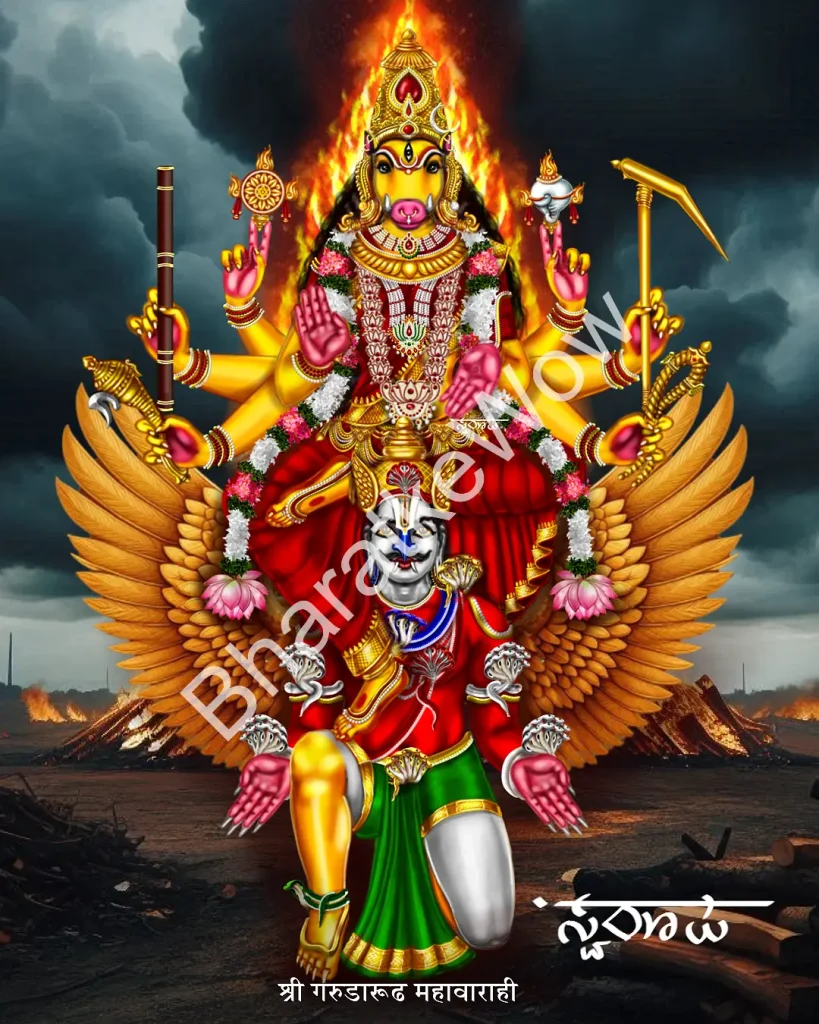 Garuḍārūḍha Vārāhī canvas painting by Swaroop – The eight-armed Vārāhī riding Garuḍa, glowing like molten gold