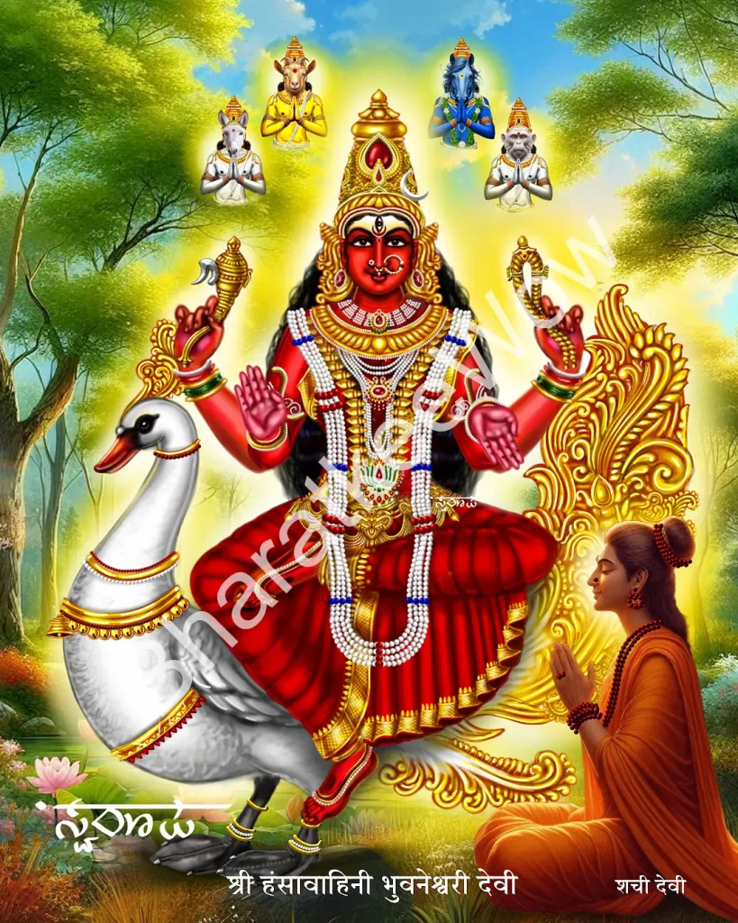 Haṃsavāhinī Bhuvanēśvarī canvas painting by Swaroop – The gentle, swan-riding Bhuvanēśvarī, bright as a million suns and cool as a million moons