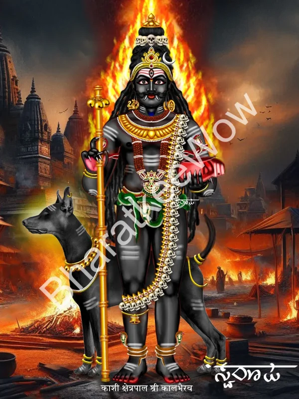Kālabhairava canvas painting by Swaroop – three-eyed Śiva as Lord of Kāśī with staff, skull and begging bowl, his dog at his side