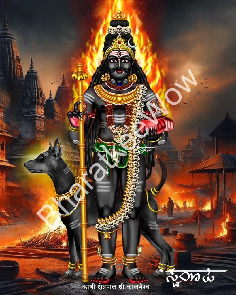 Kālabhairava canvas painting by Swaroop – three-eyed Śiva as Lord of Kāśī with staff, skull and begging bowl, his dog at his side