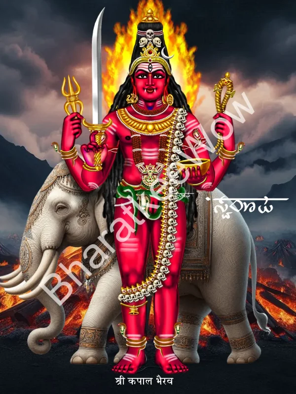 Kapāla Bhairava canvas painting by Swaroop – ruby-red, riding an elephant with Aindrī, holding noose, vajra, sword and vessel