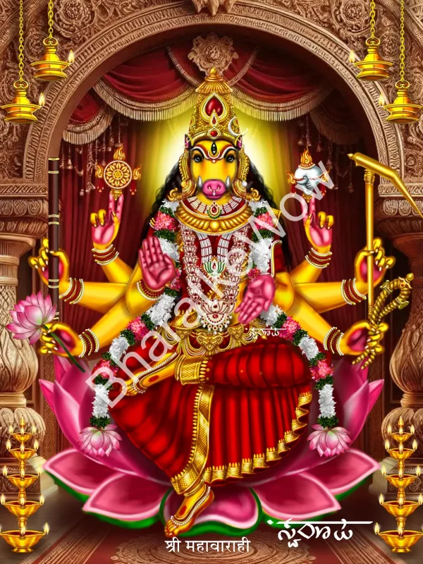 Mahā Vārāhī canvas painting by Swaroop – The great golden Vārāhī — eight-armed, seated on a lotus