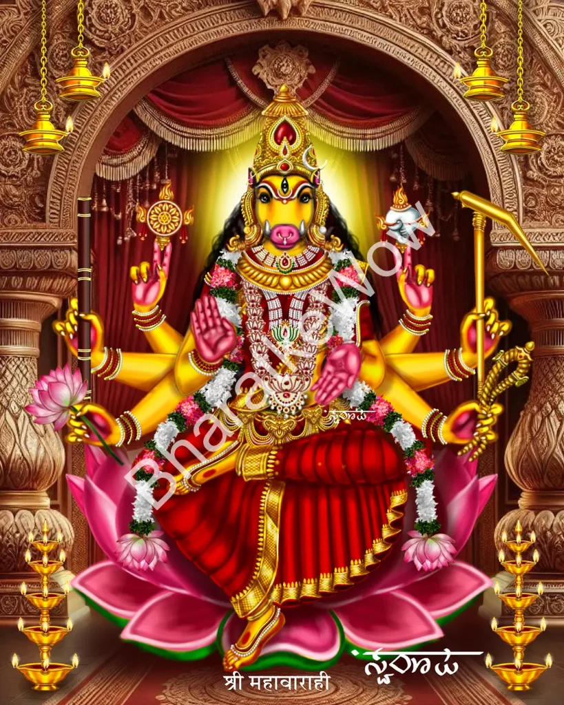 Mahā Vārāhī canvas painting by Swaroop – The great golden Vārāhī — eight-armed, seated on a lotus