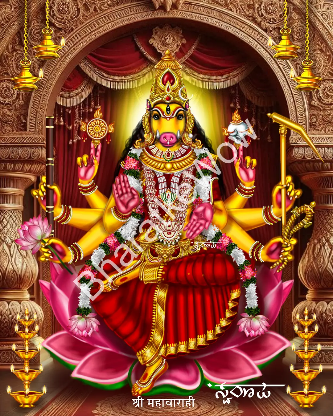 Mahā Vārāhī – Canvas Art Print by Swaroop Mahā Vārāhī canvas painting by Swaroop – The great golden Vārāhī — eight-armed, seated on a lotus
