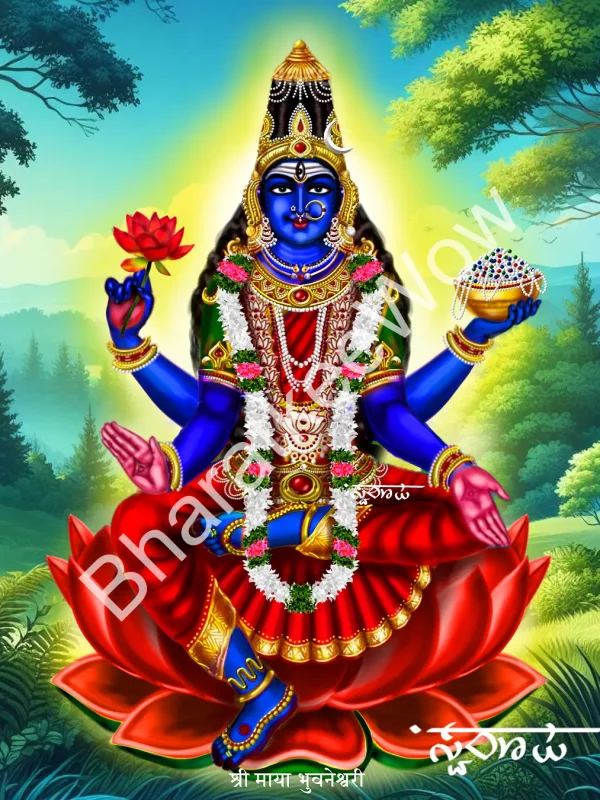 Māyā Bhuvanēśvarī canvas painting by Swaroop – Bhuvanēśvarī as Satī, daughter of Dakṣa — dark, three-eyed, seated on a red lotus