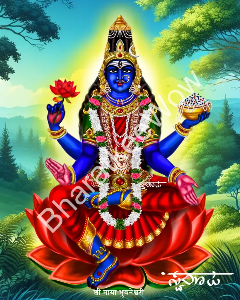 Māyā Bhuvanēśvarī canvas painting by Swaroop – Bhuvanēśvarī as Satī, daughter of Dakṣa — dark, three-eyed, seated on a red lotus