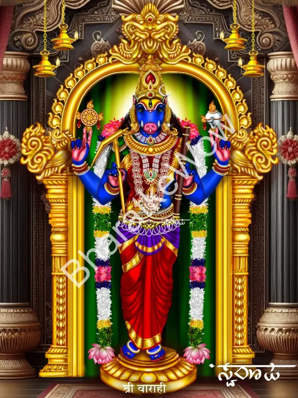 Vārāhī of the Gāyatrī Maṇṭapa, Kāñcīpuram canvas painting by Swaroop – The Vārāhī of Kāñcī Kāmākṣī’s Gāyatrī Maṇṭapa