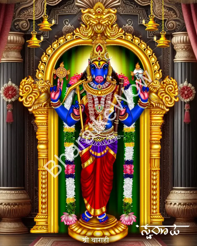 Vārāhī of the Gāyatrī Maṇṭapa, Kāñcīpuram canvas painting by Swaroop – The Vārāhī of Kāñcī Kāmākṣī’s Gāyatrī Maṇṭapa
