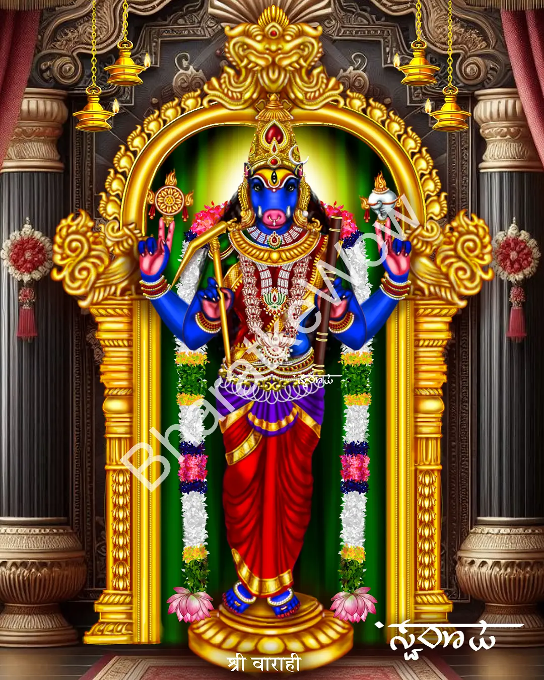 Vārāhī of the Gāyatrī Maṇṭapa, Kāñcīpuram – Canvas Art Print by Swaroop Vārāhī of the Gāyatrī Maṇṭapa, Kāñcīpuram canvas painting by Swaroop – The Vārāhī of Kāñcī Kāmākṣī’s Gāyatrī Maṇṭapa