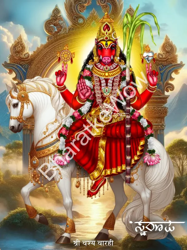 Vaśya Vārāhī canvas painting by Swaroop – The horse-mounted queen of enchantment, with sugarcane bow