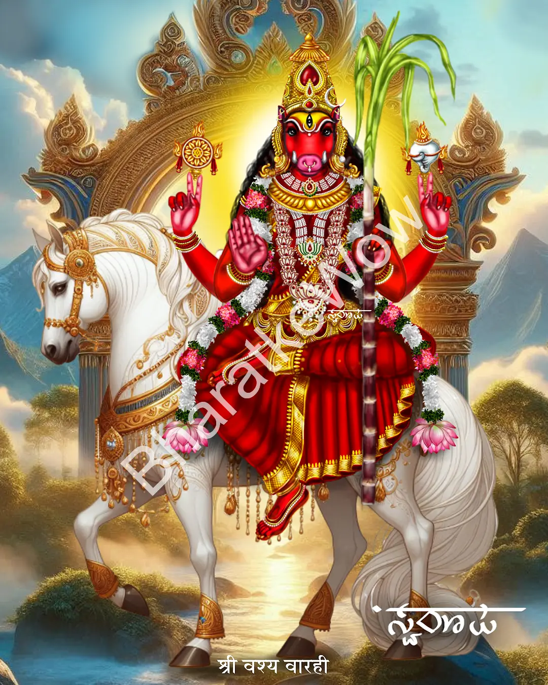 Vaśya Vārāhī – Canvas Art Print by Swaroop Vaśya Vārāhī canvas painting by Swaroop – The horse-mounted queen of enchantment, with sugarcane bow